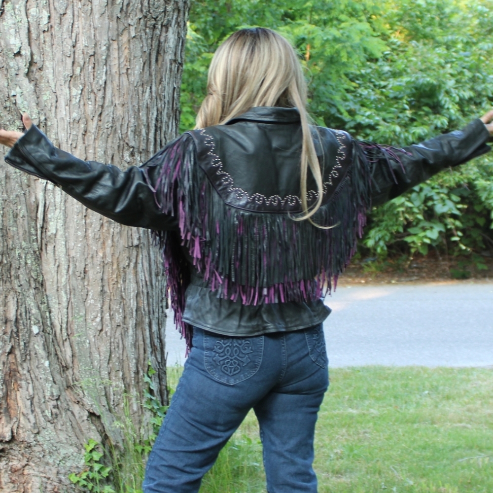 Gorgeous purple and black real leather jacket with fringes size medium